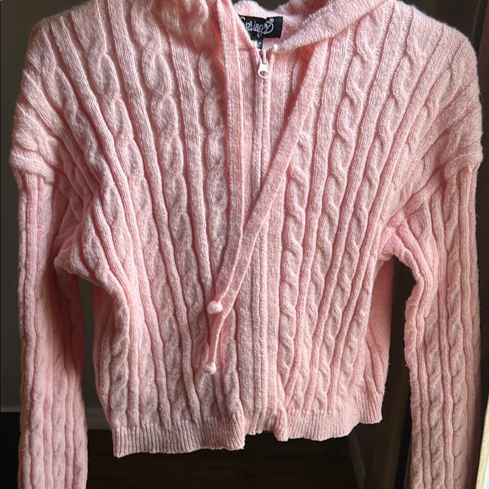 Pink Cable Knit Cardigan with Hood